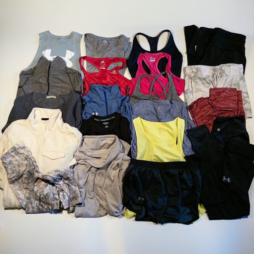 Womens Athletic Clothing Lot Sz Small 21PCS Tops Bottoms Adidas UA Gap Fit More